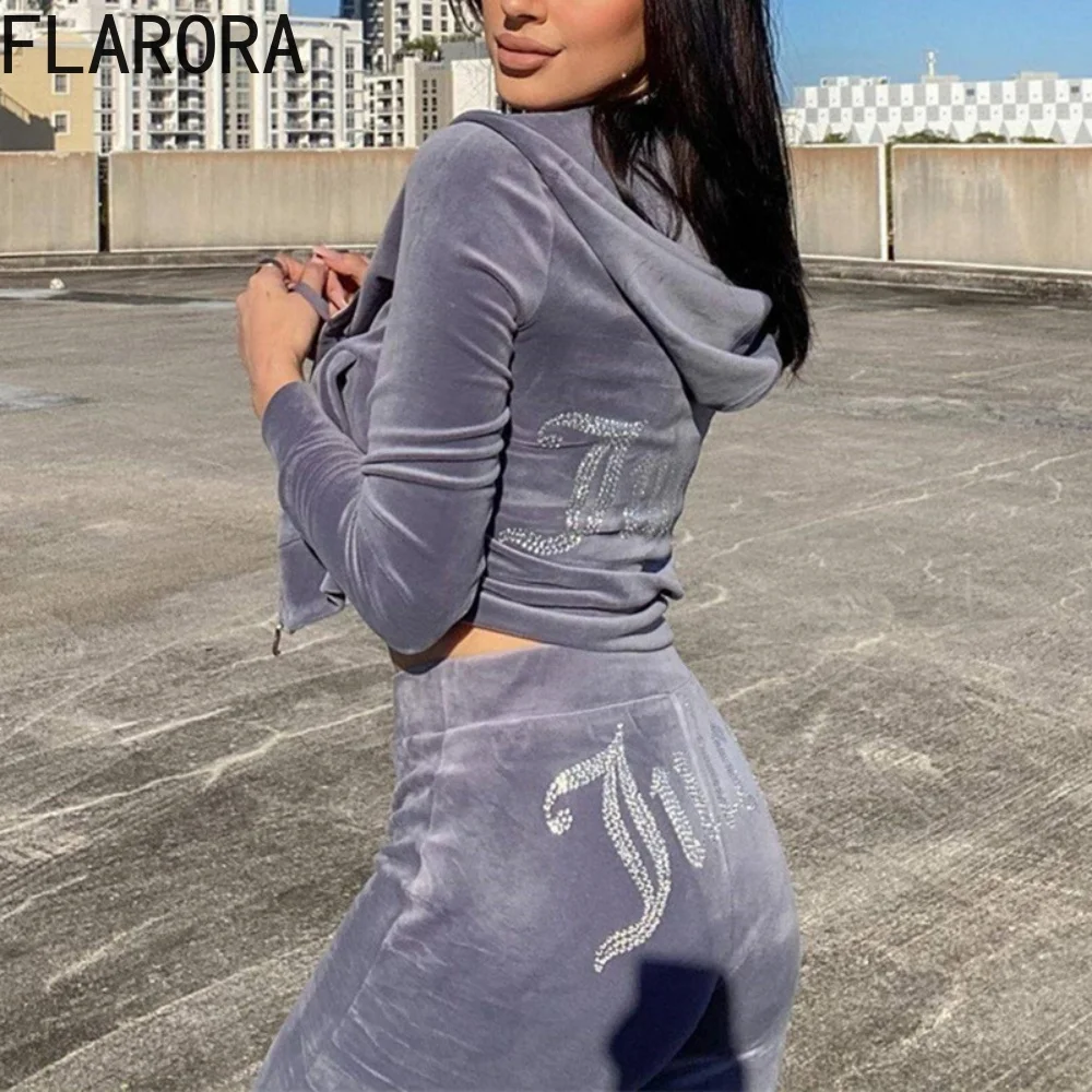 FLARORA Fashion Y2k Diamond Two Piece Sets Woman Long Sleeve Zipper Hoodie Jacket Coats And Pants Suits Casual Street Tracksuits