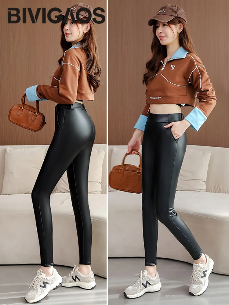 BIVIGAOS Fall Winter Warm Pocket PU Leather Pants Women Fleece Black High Waist Slim Tight Sexy Matte Sheep Leather Leggings