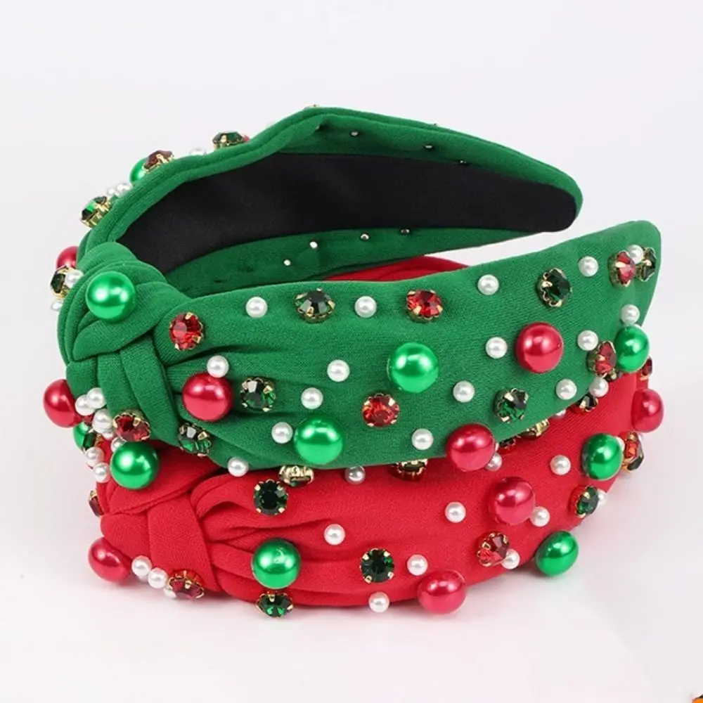 

Wide Edge Christmas Hairband Fashion Headwear Rhinestone Knot Headband Gift Red Green Crystal Beads Hair Band Hair Accessories