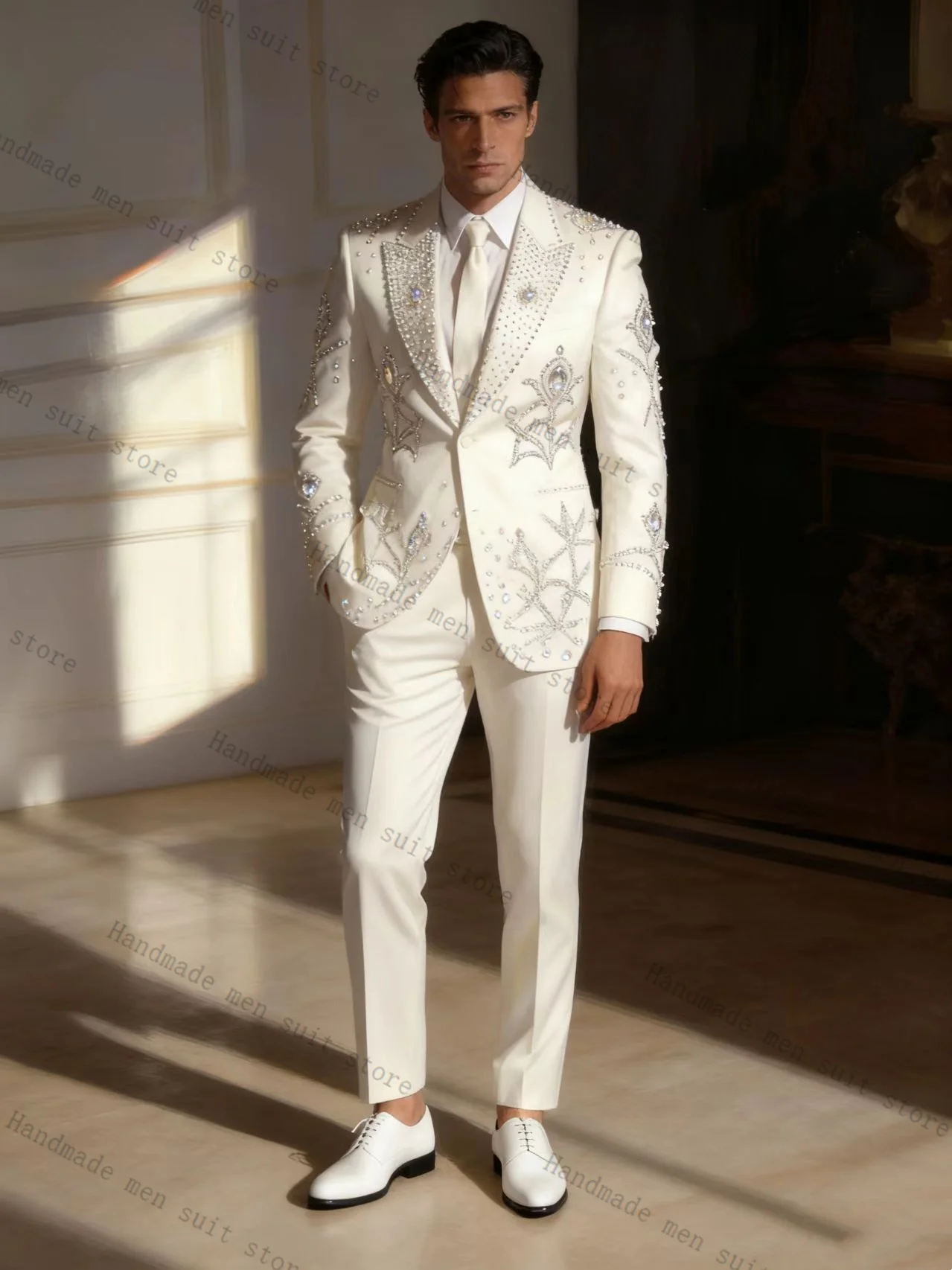 

White Men Suit Set 2 Piece Crystals Blazer+Pants Prom Wedding Tuxedos Coat Cotton Customized Formal Office Fashion Jacket