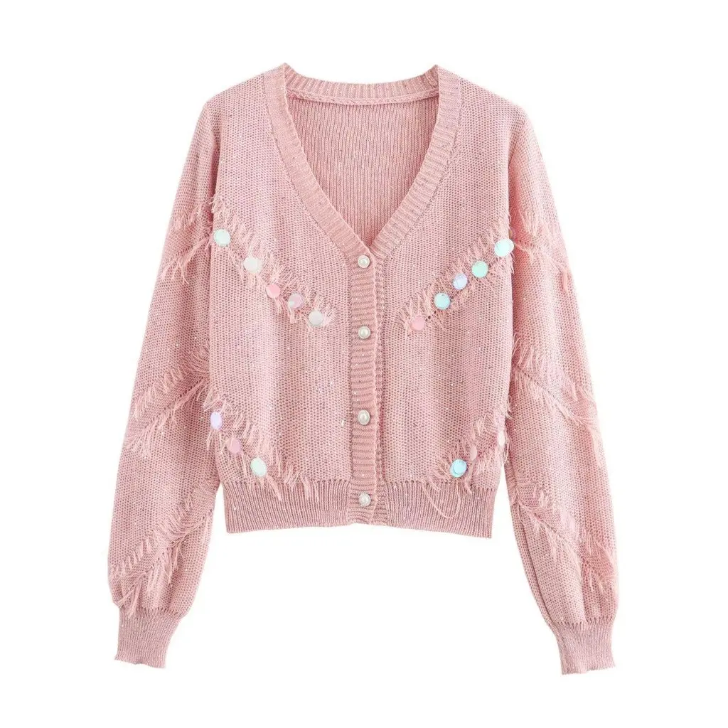 

Women's V-neck Sequin Cardigan Short Knitted Jacket Lazy Style Autumn Winter New European American G42602