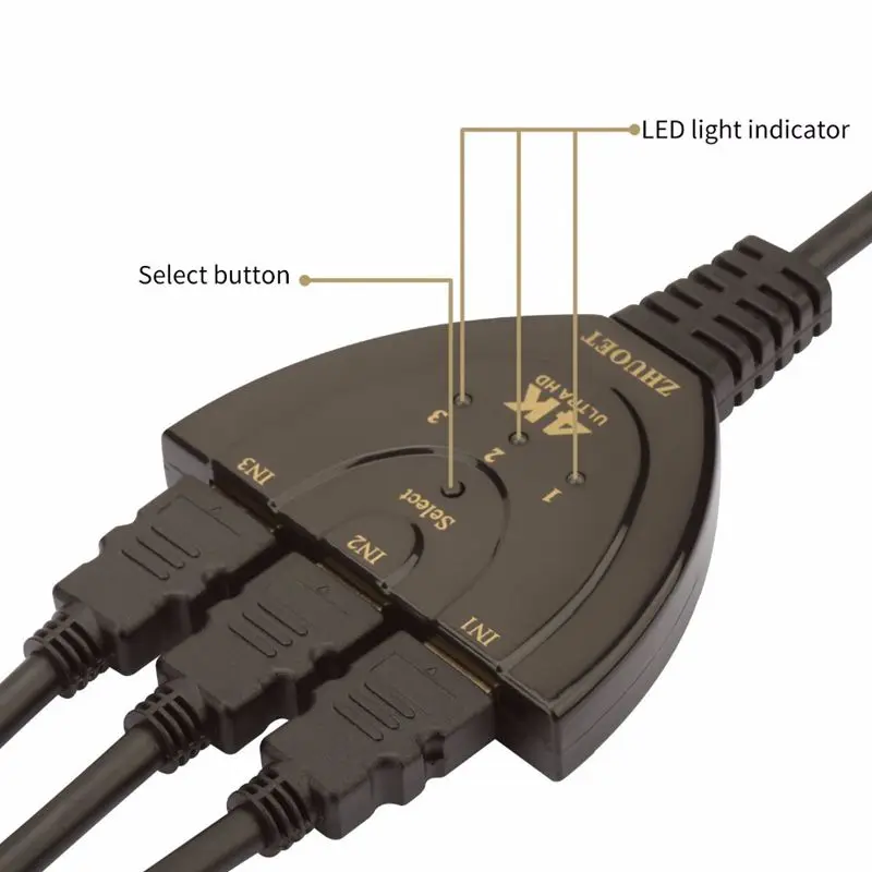 Conversor de Alta Definição Compatível com HDMI, Interruptor de Cabo de Vídeo 3 em 1 Saída, Pigtail 3x1, 4K x 2K