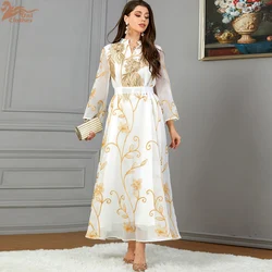 Uni Fashion Mulsim Gold Stamping Floral Embroidery Guipure V-Neck Long Sleeves Slim Fit Floral Dress With Belt Long Arab