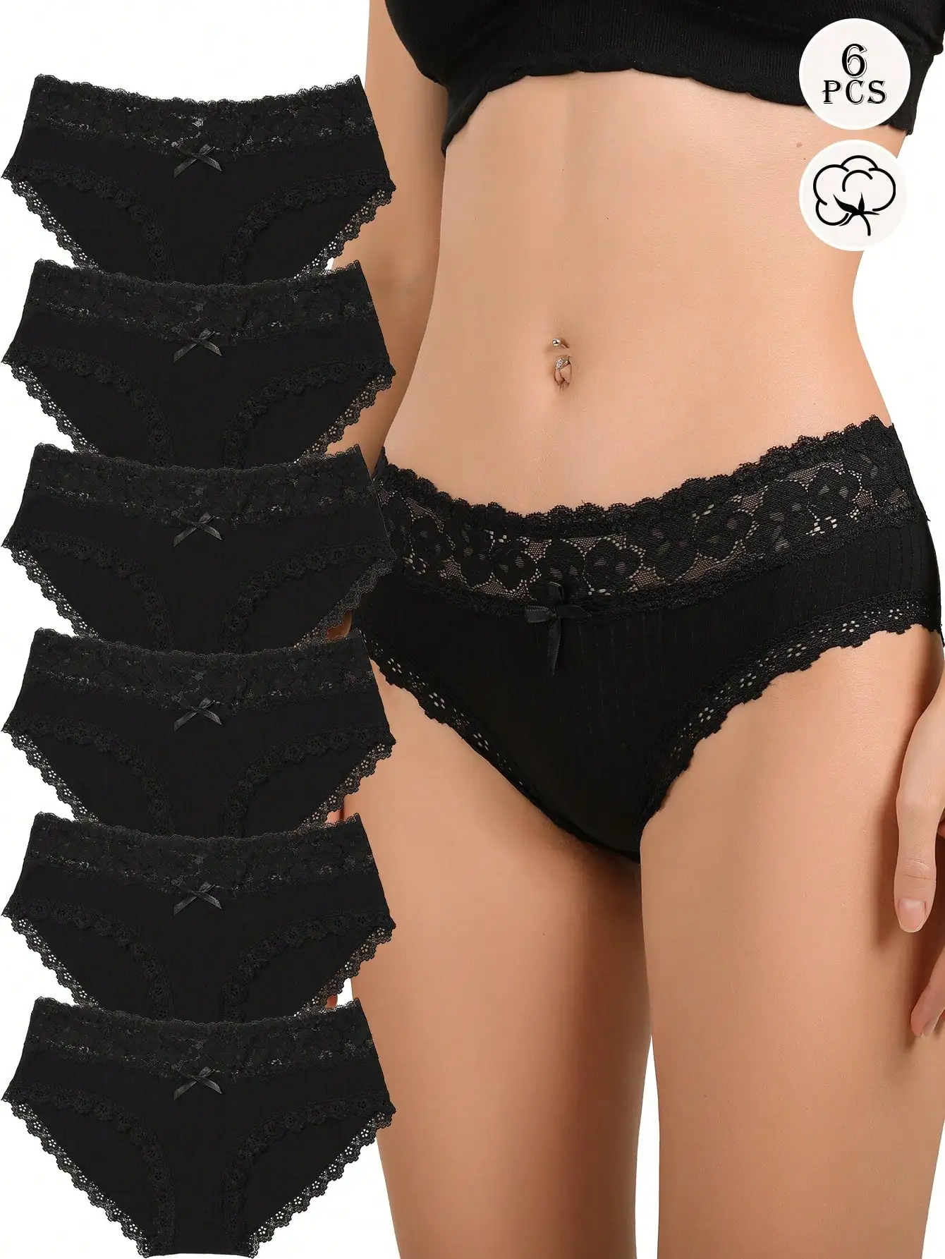 

6 Packs Black Cotton Underwear For Women Breathable Lace Ladies Bikini Panties S-XL