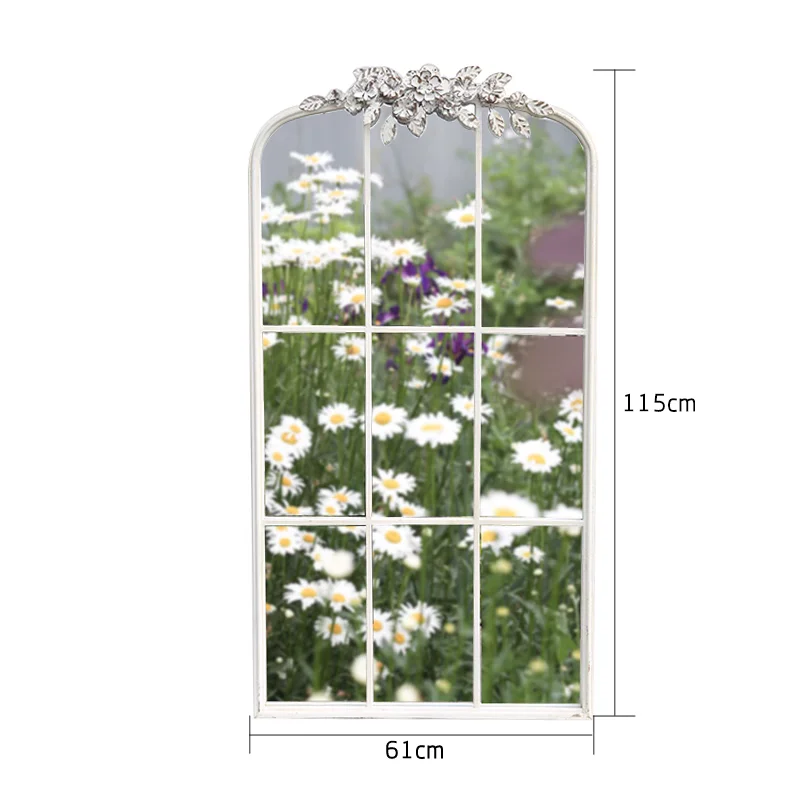 Large Beautiful Unique Decorative Flowers Adorned Top Vintage White Metal Framed Wall Mirror with 9 Grids Window Design