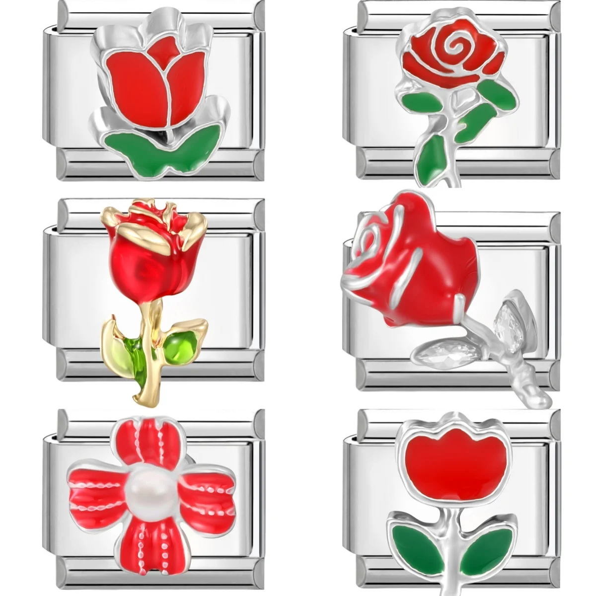 2026 Fashion 9mm Width Romantic Red Color Rose Flowers Italian Charm Bracelet Stainless Steel Jewelry Making DIY Gift Wholesale