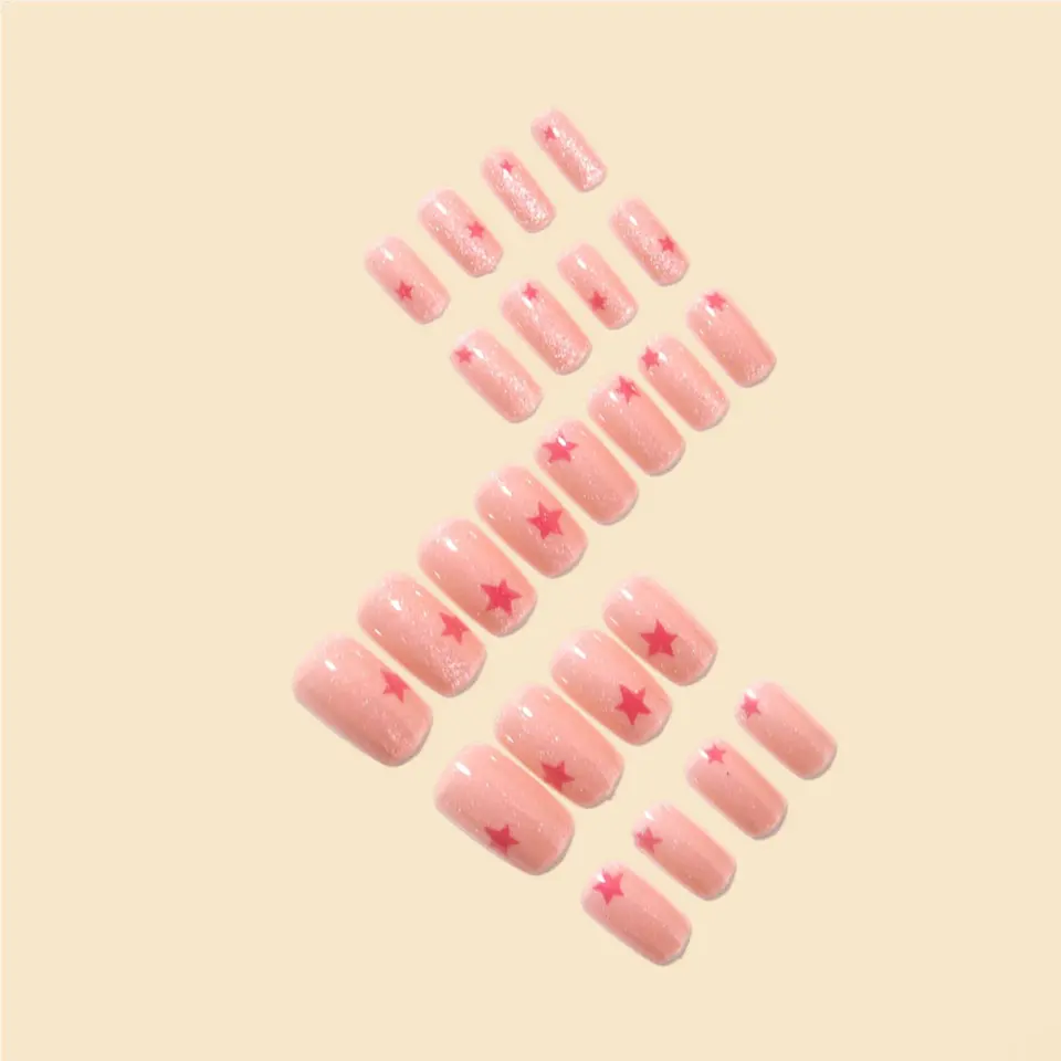 Uñas postizas color rosa nude brillante con estampado de estrellas, encanto Y2K para chicas, uñas de acrílico adhesivas, 24 piezas 4