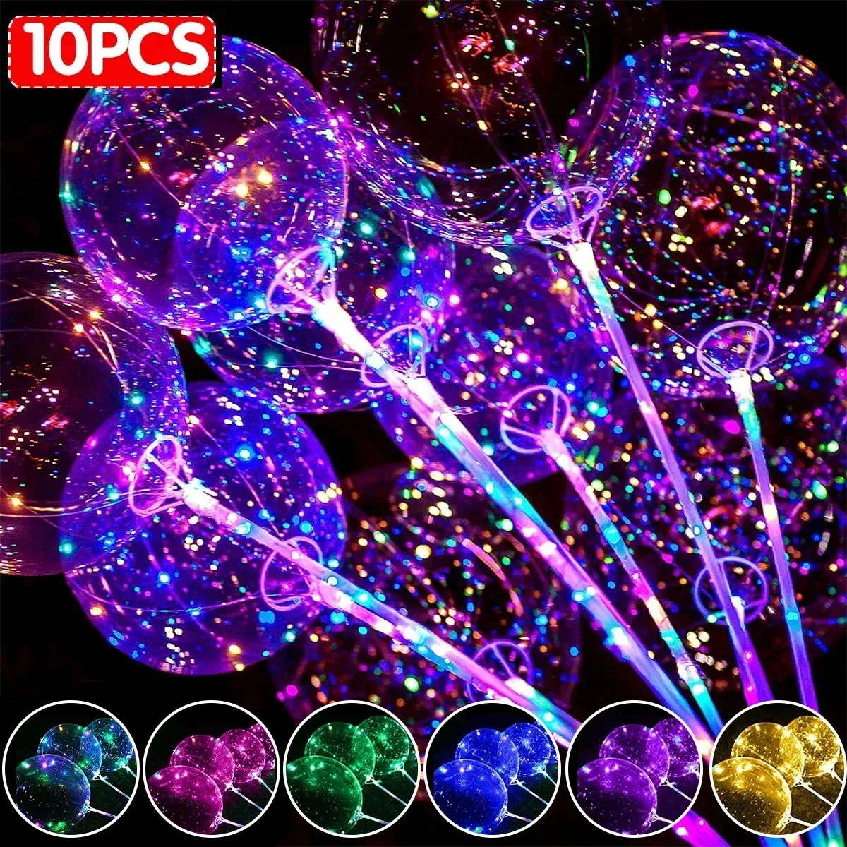 New 10Pcs New Year Clear LED Light Up BoBo Balloons Luminous Bubble Balloon with Light String and Sticks for Wedding Party Decor