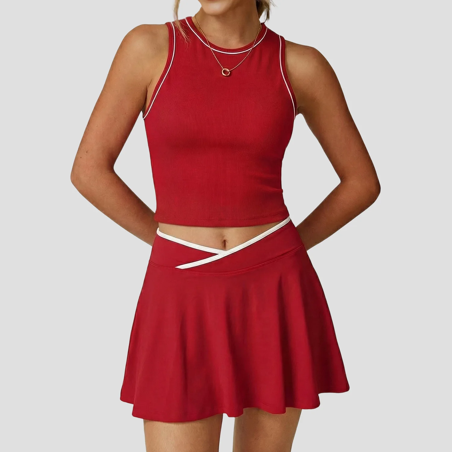 Women Sports Sets 2 Piece Tennis Dress Workout Clothing Fitness Tank Top with Bra Golf Skirts with Shorts
