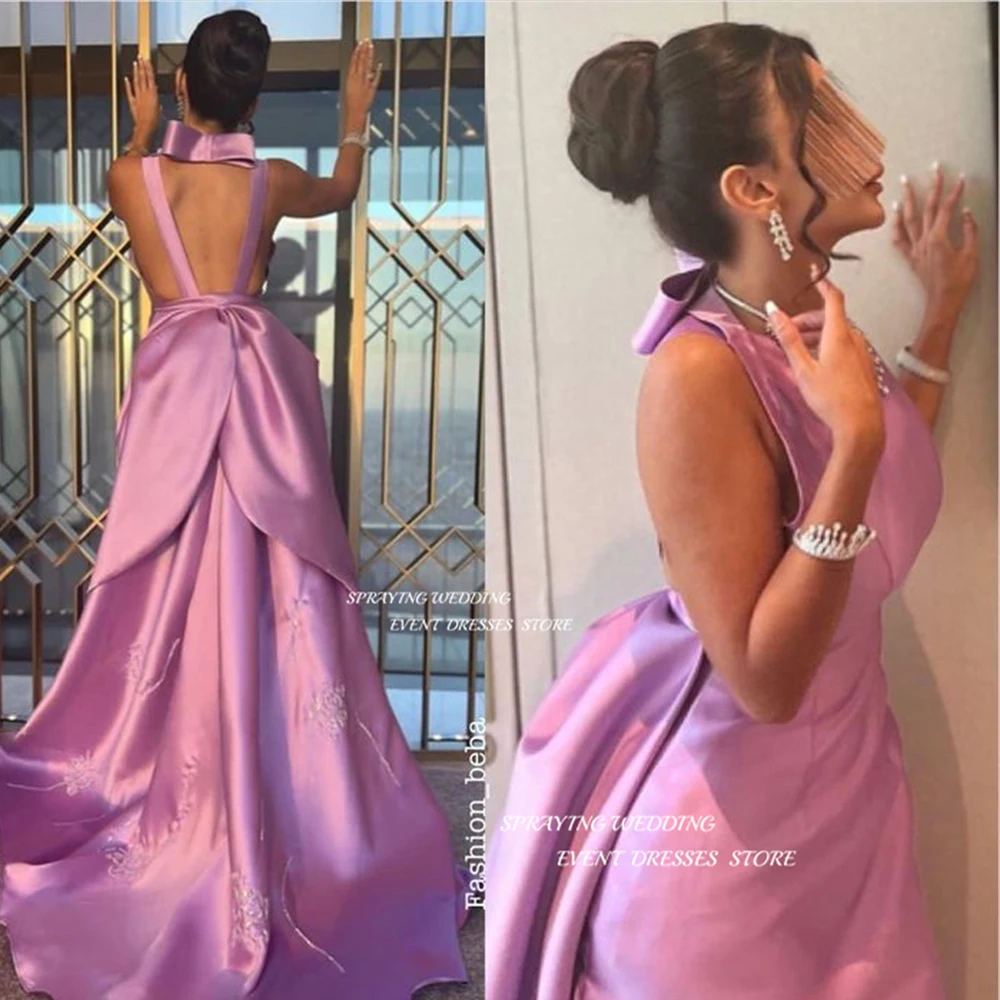 SPRAYING Sexy Halter Evening Dress Big Bow Leaky Back Prom Gown Soft Satin Floor Length Formal Occasion Dresses For Saudi Arabia