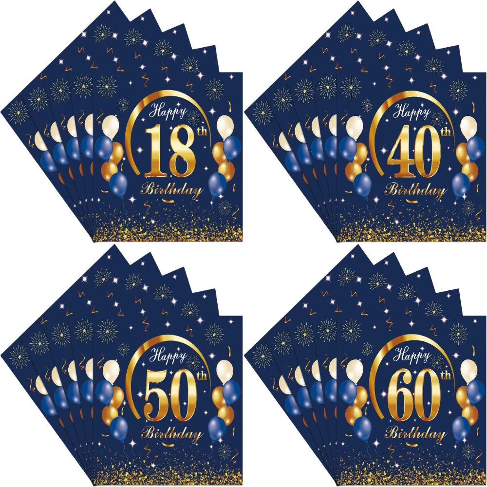 Happy Birthday Paper Napkins for Men and Women, Navy Blue, Gold, 18th, 30th, 40th, 50th, 60th, 70th Birthday, 20Pcs