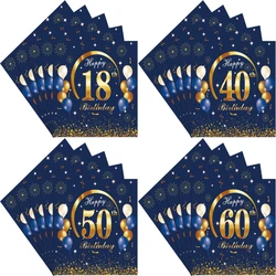 Happy Birthday Paper Napkins for Men and Women, Navy Blue, Gold, 18th, 30th, 40th, 50th, 60th, 70th Birthday, 20Pcs