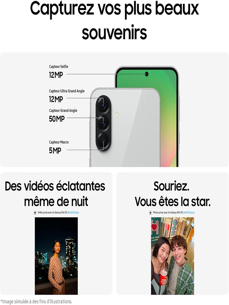 2025 nouveau Samsung Galaxy A56 5G Smartphone Exynos 1580 6.7 "Super AMOLED 120Hz affichage 50MP caméra 5000mAh batterie téléphone portable