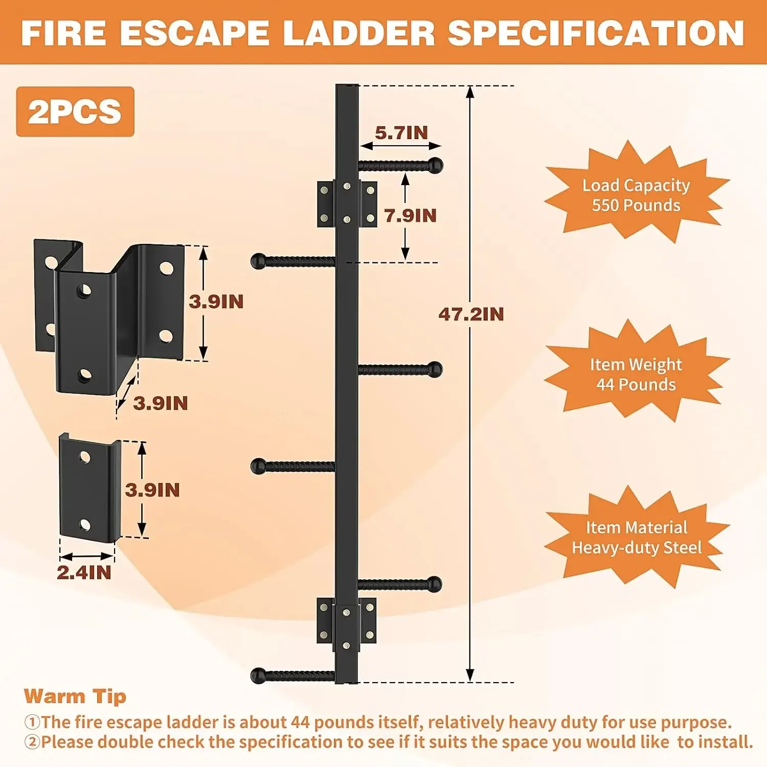 Window Well Egress Ladder, Heavy Duty Steel Fire Escape Ladders, Non-Slip Wall Mounted Window Basement Egress Ladders(2PCS