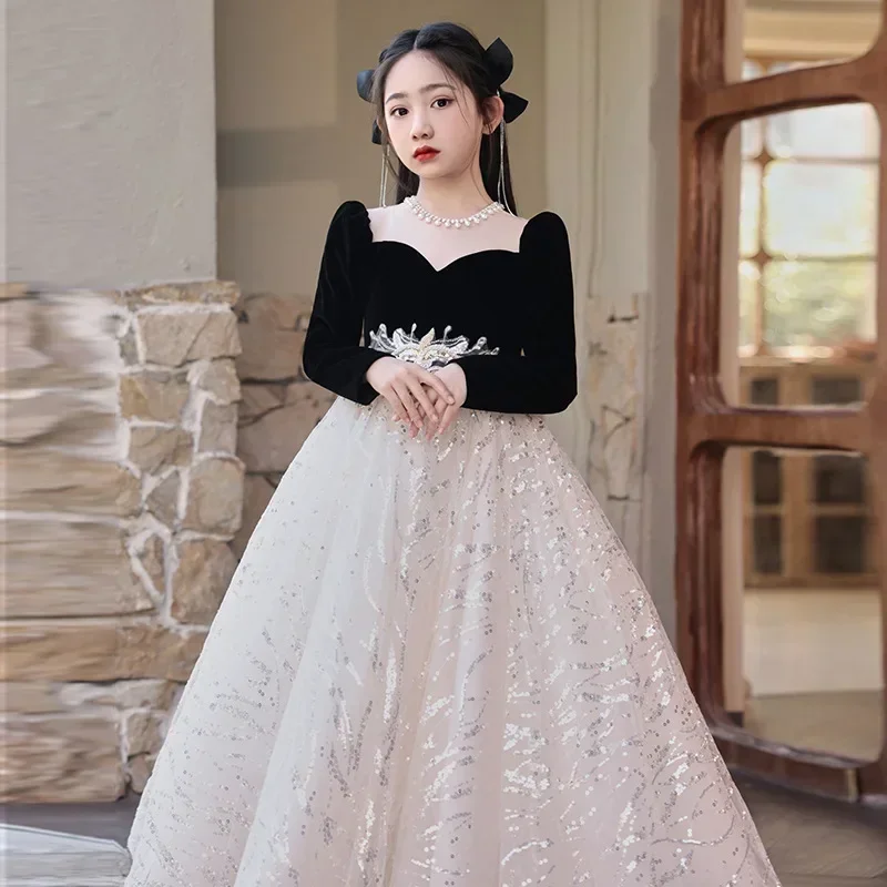 Crianças vestido elegante adolescentes meninas roupas carnaval traje quinceanera lantejoulas vestidos de baile combinando princesa crianças outfit