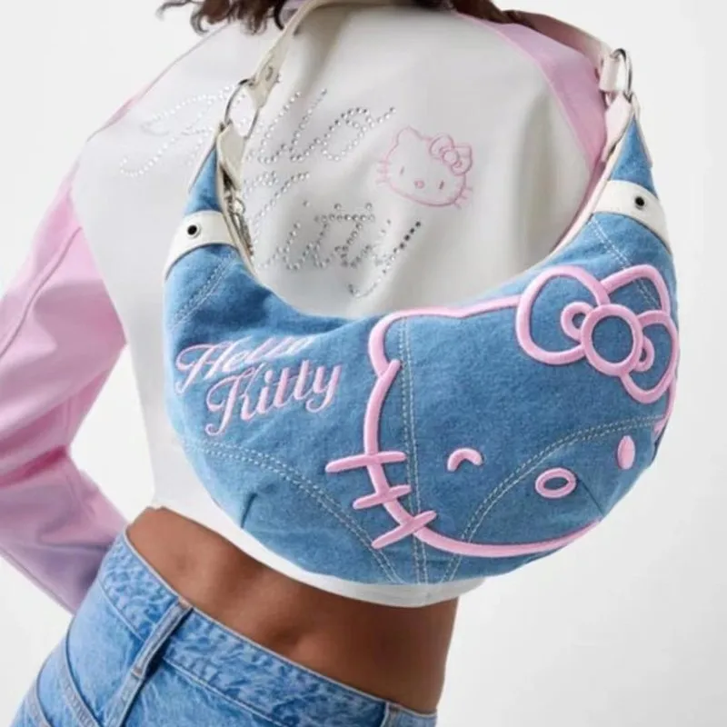 

anime character Hello Kitty kawaii denim embroidered handbag Large capacity portable shoulder bag Makeup bag Jewelry storage bag