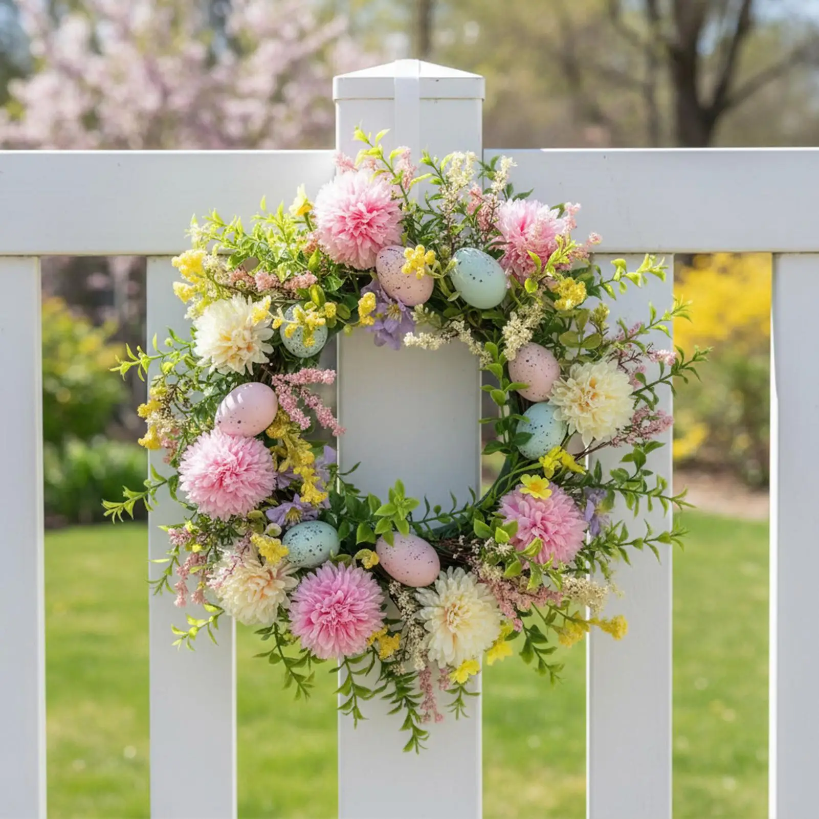

Spring Door Wreath Colorful Eggs Daisies Garland 15.75inch Artificial Farmhouse Easter Wreath For Home Porch Window Wall Holiday