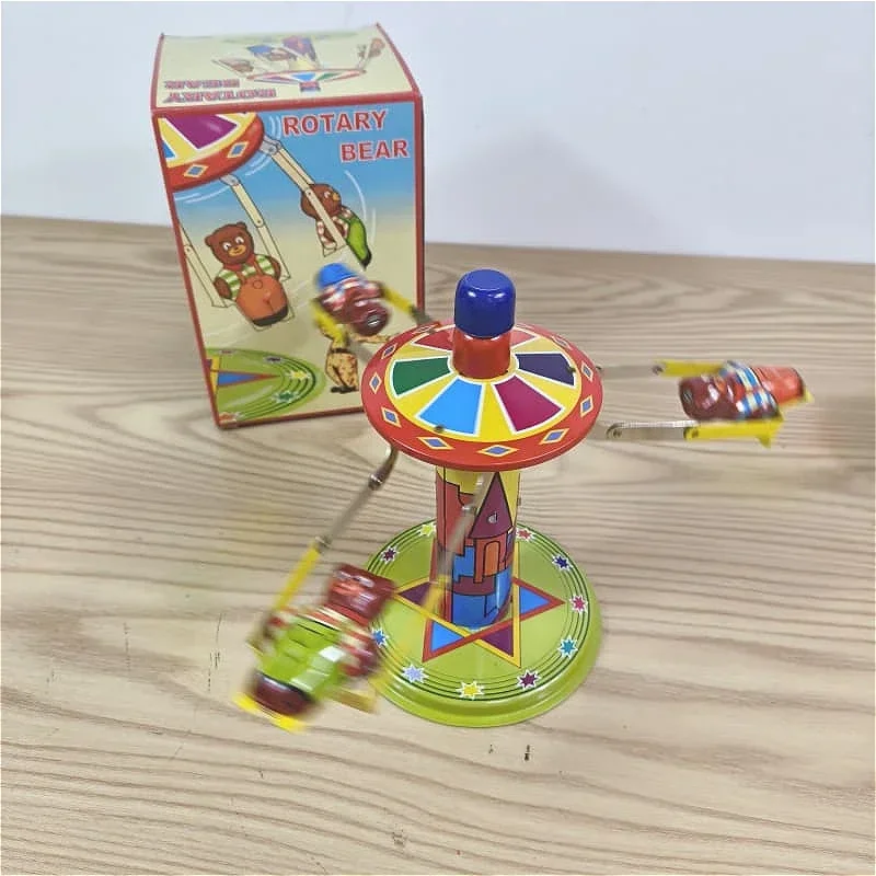 

Retro Style Toy Amusement Park Three Headed Bear Carousel Clock Toys Metal Tin Character Model Retro Gifts