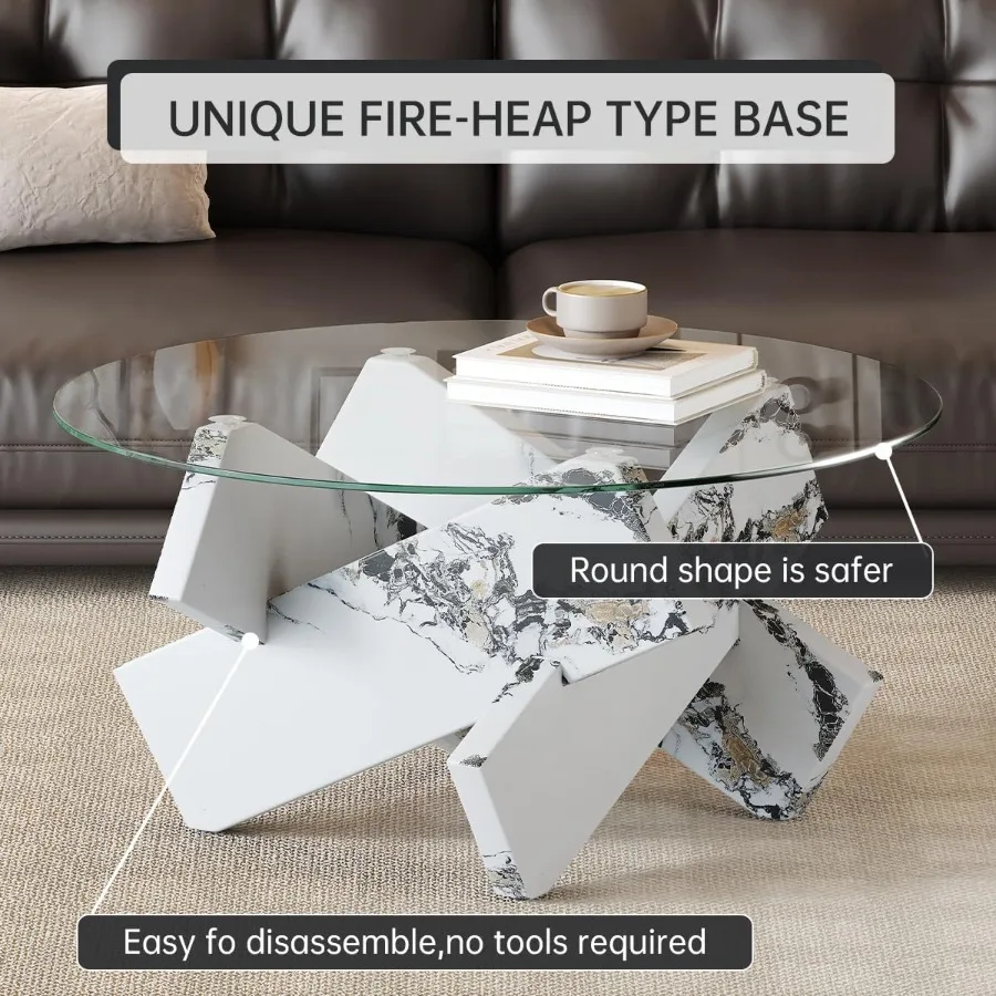 White Round Glass Coffee Table33Inch Small Modern for Living Room Clear Circle Accent Table Adapts to Farmhouse and Contemporar