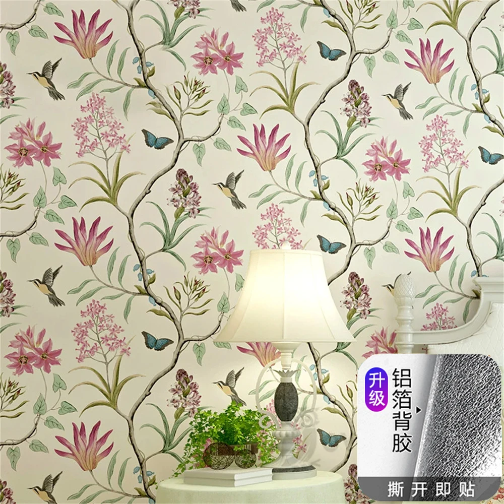 

American Pastrol Floral Birds Wallpaper Non Woven Self Adhesive Wallpapers Bedroom Living Room TV Sofa Background Wall Mural