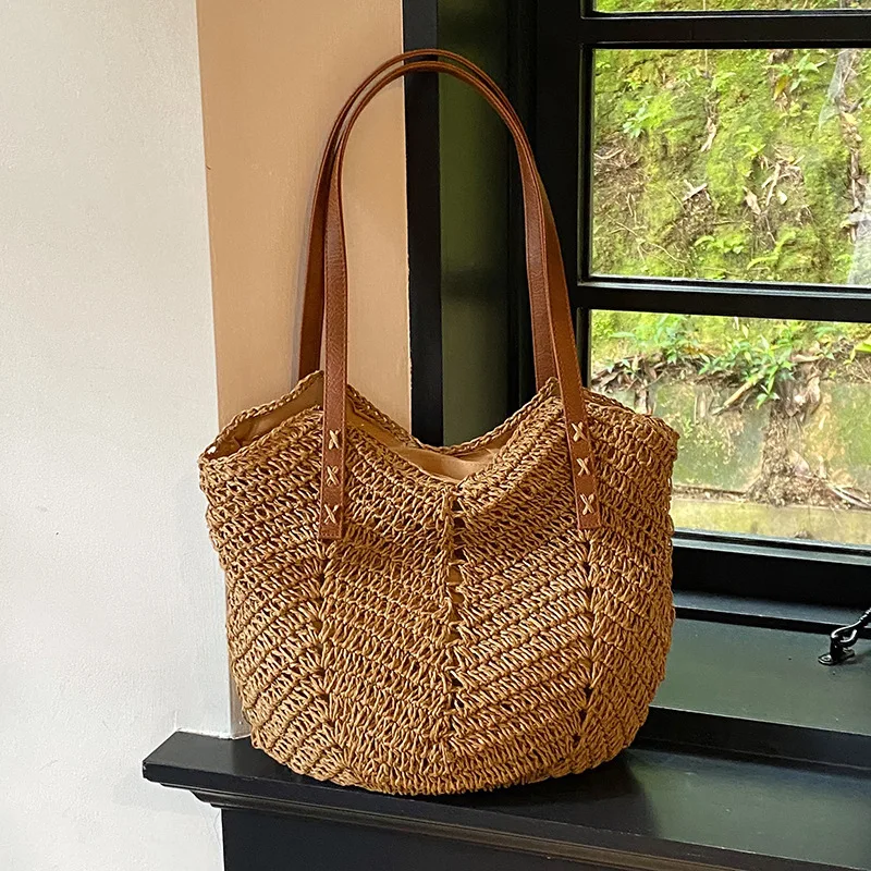 

Summer Casual Straw Woven Shoulder Bags for Women Large Capacity Ladies Beach Vacation Tote Bag Simple Versatile Female Handbags