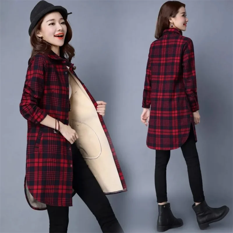 2024 Velvet Padded Plaid Shirt Jacket Women\'s Autumn Winter New Coats Long Sleeve Mid-Long Loose Pocket Outwear Coat Female