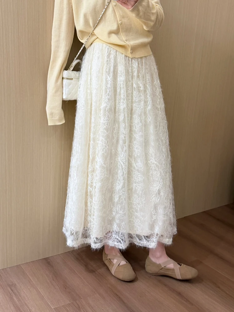 

Ladies High Waist Long Lace f Skirt Spring 2026 New Korean Sle A-Line Loose Fit Ele Women's Faion Skirts