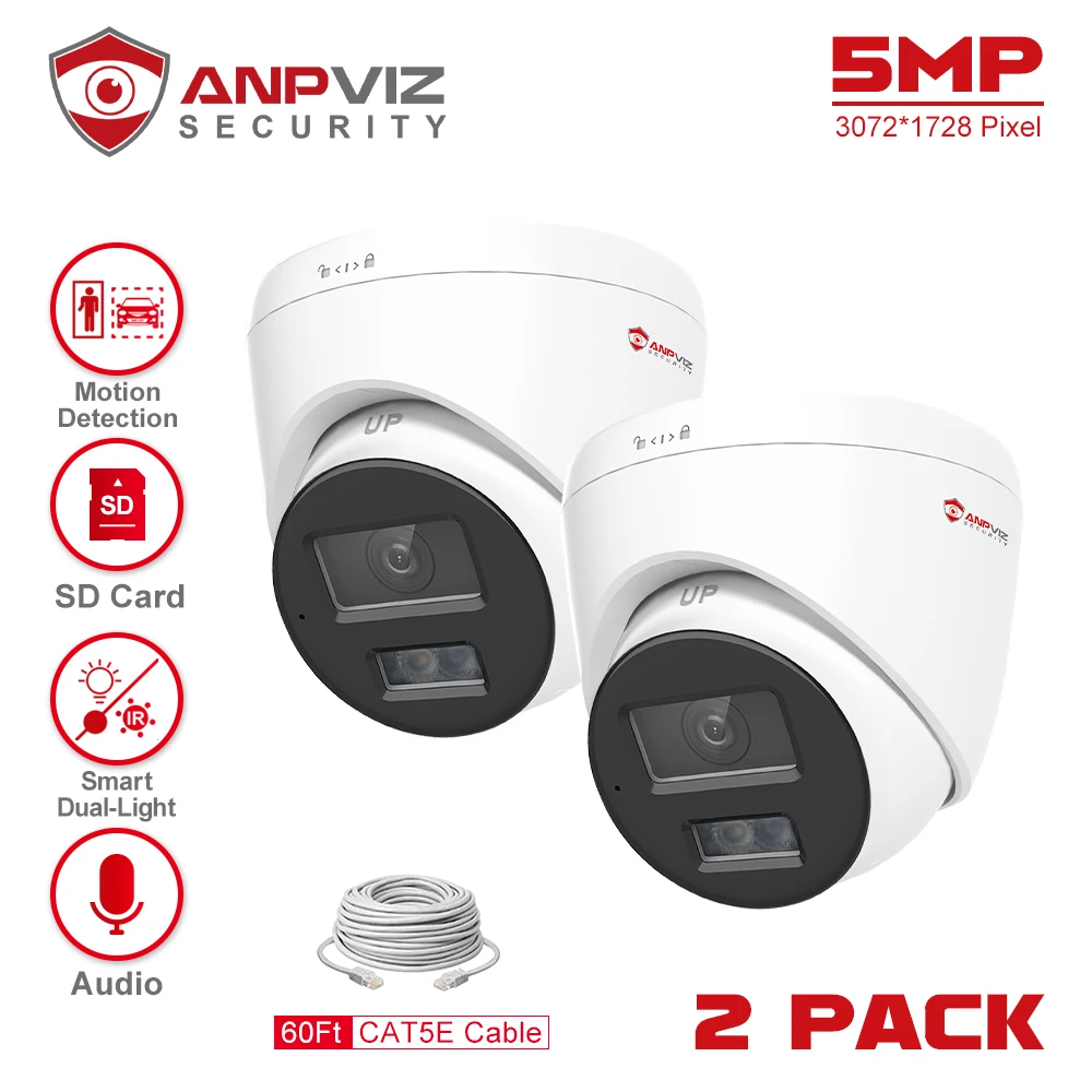 

Anpviz 5MP POE IP Turret Camera Outdoor 2Pcs 24/7 ColorVU 30m CCTV Video Surveillance IP67 SD Card H.265 Audio Motion Detection