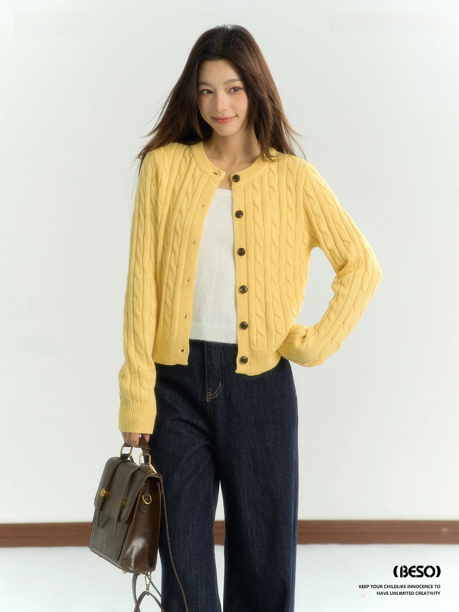

BESOBER Original Yellow Twisted Knitted Fake Two-Piece Open Cardigan Women's Spring Vintage Knitwear Slimming Sweater Jaet