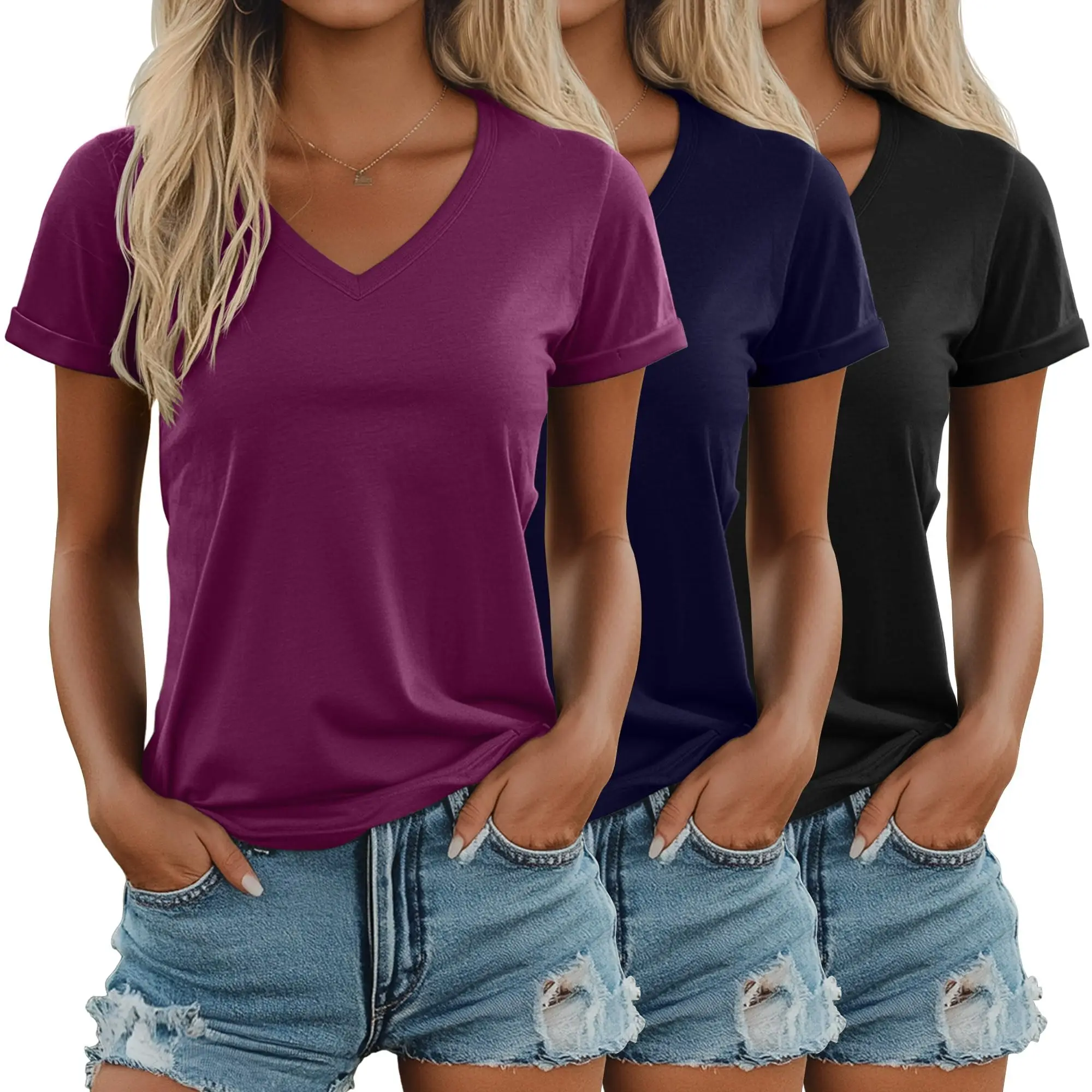 

Fashion new comfortable casual women's V-neck short-sleeved t-shirt three-piece set