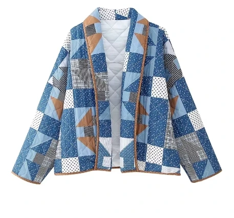 

2024 New Women's Geometric Print Turn Down Collar Quilted Outwear Jacket Autumn Winter Oversize Retro Outerwear Top