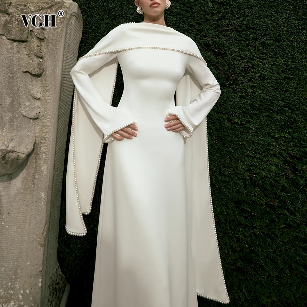 VGH Temperament Solid Slimming Dresses For Women Round Neck Long Sleeve High Waist Autumn Elegant Dress Female Fashion Style New