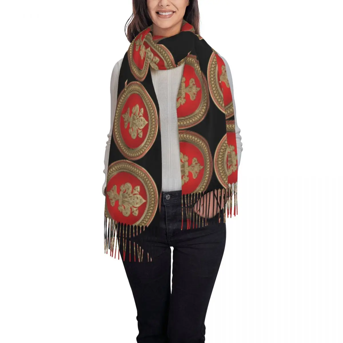 تخصيص مطبوعة الذهب تخريمية فلور دي ليز وشاح النساء الرجال الشتاء الخريف الدافئة الأوشحة زهرة الزنبق فلور دي ليز شالات يلتف #2