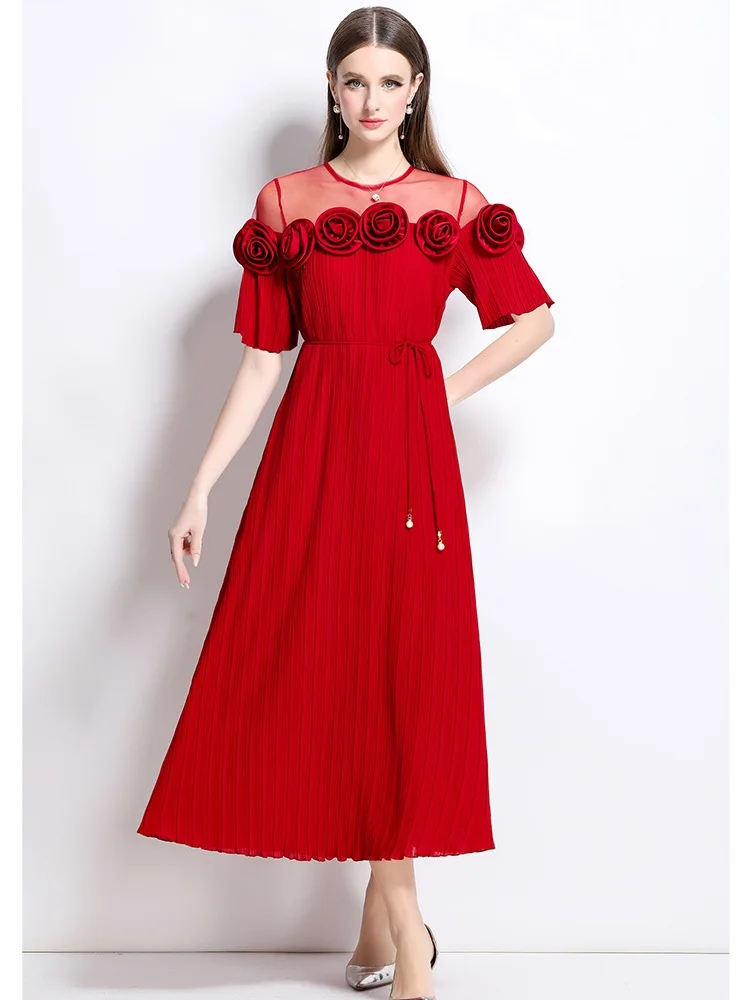 

SMTHMA High-End Summer Pleated Long Dress Mesh Spliced Short Sleeves Lace Up Design Women 3D Flower Elegant Runway Dresses