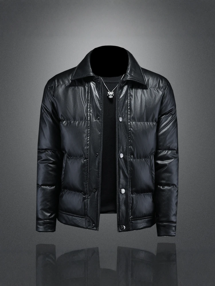 

Men's Leather Jaet down Jaet Winter New Faion Simple Turn-down Collar 90 White Du down Windproof Warm Outerwear