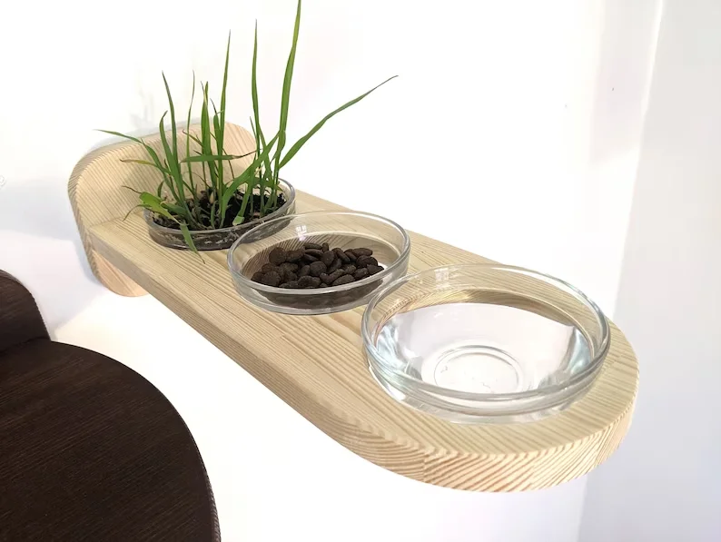 Wall-Mountable Triple Cat Feeder With 3 Glass Bowls Sustainable Wood And Sisal Dog-Proof Design