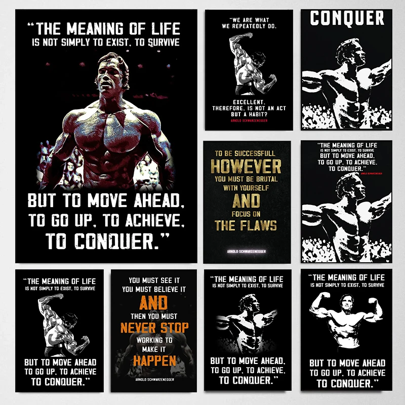 Arnold Schwarzenegger Bodybuilding with Motivation Quotes Art Posters Canvas Painting Wall Prints Pictures Modern Home Gym Decor