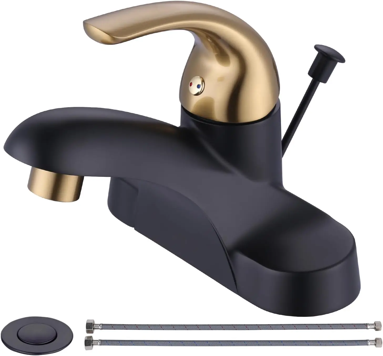 Single Handle Bathroom Sink Faucet 4 Inch Bathroom Faucet Black and Gold Basin Faucet with Drain and Supply Hoses