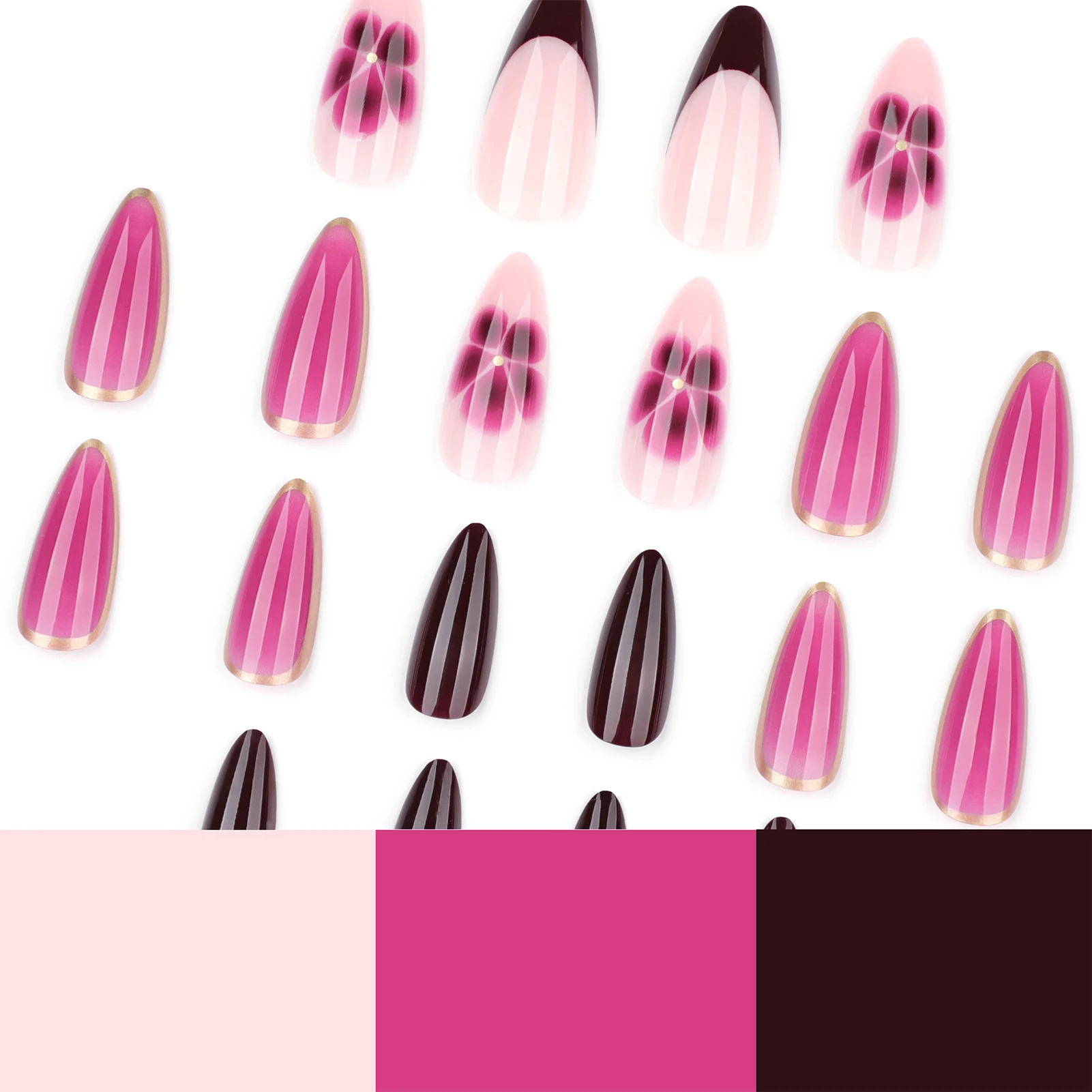 Rose Rose amande faux ongles 24 pièces rouge foncé français presse sur ongles fleur imprimé épicé filles charme manucure Stick-on faux ongles