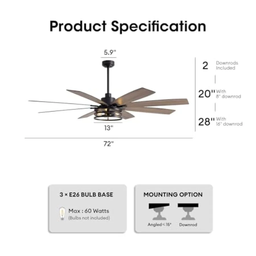 72 inch Large Ceiling Fans with Lights and Remote for Living Room and Patios, Black Modern DC Motor Fan with 6 Speed Reversible