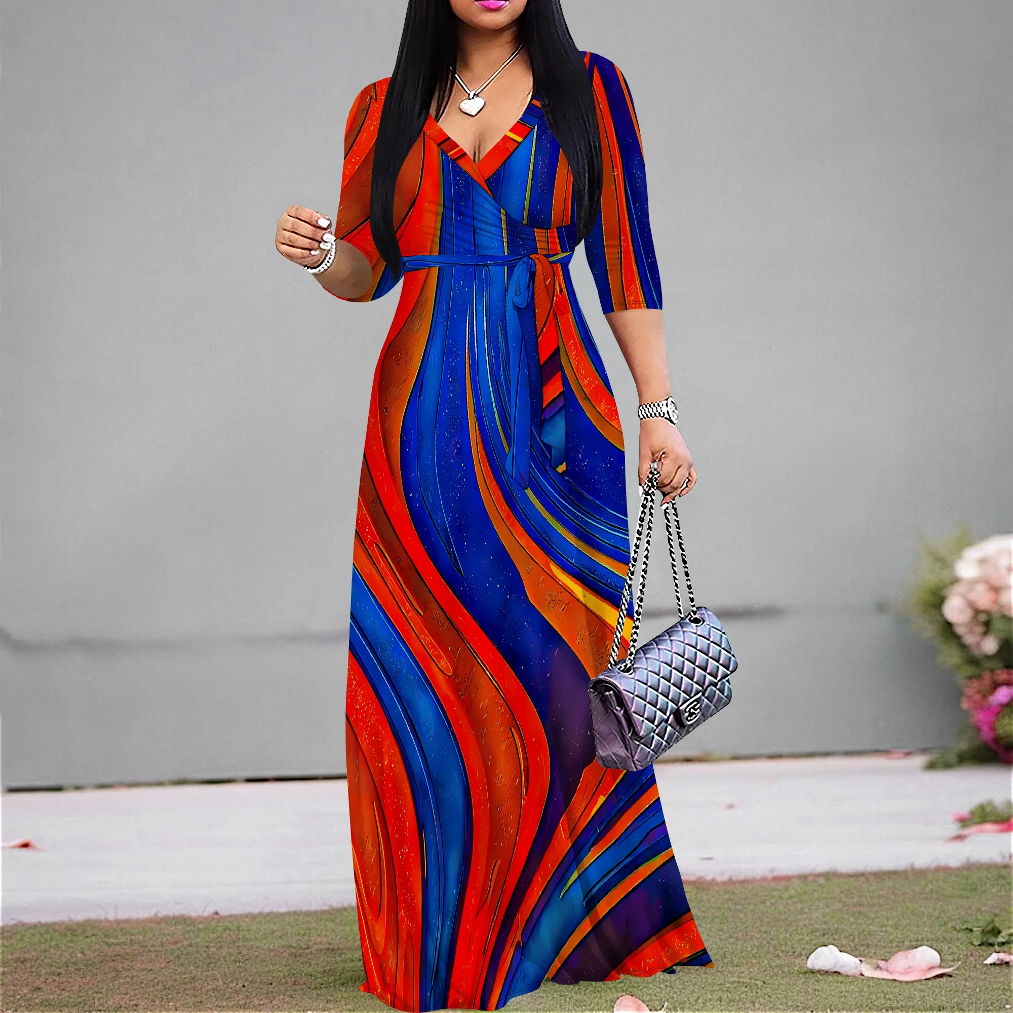 

Line Art V-Neck Wrap Dress - Tie Waist Flowy Midi Dress, Abstract Print Boho Dress for Women