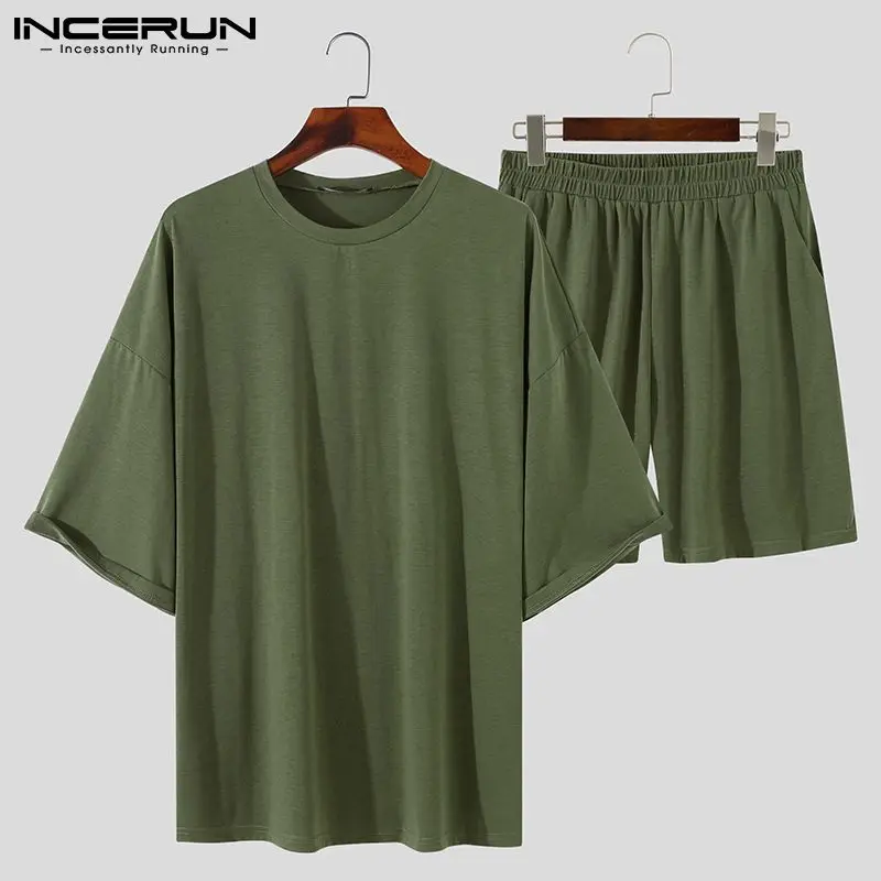 INCERUN 2024 Men Sets Solid Color Loose Half Sleeve T Shirts & Shorts Two Pieces Sets Summer Streetwear Casual Men Suits S-5XL