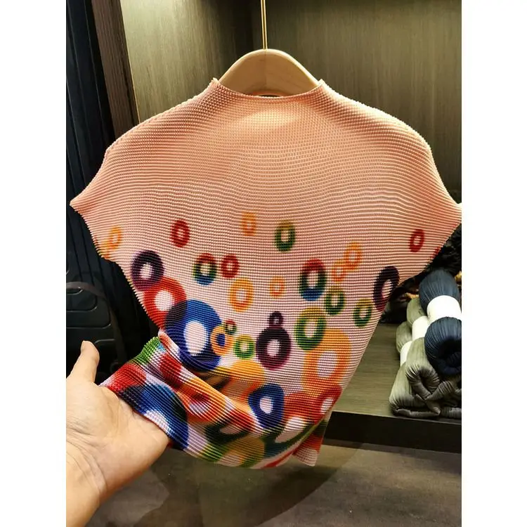 Fashion Circle Print Standing Collar Corn Grain Pleated Top Slim Fit Short Sleeve T-shirt Women's Summer New Style