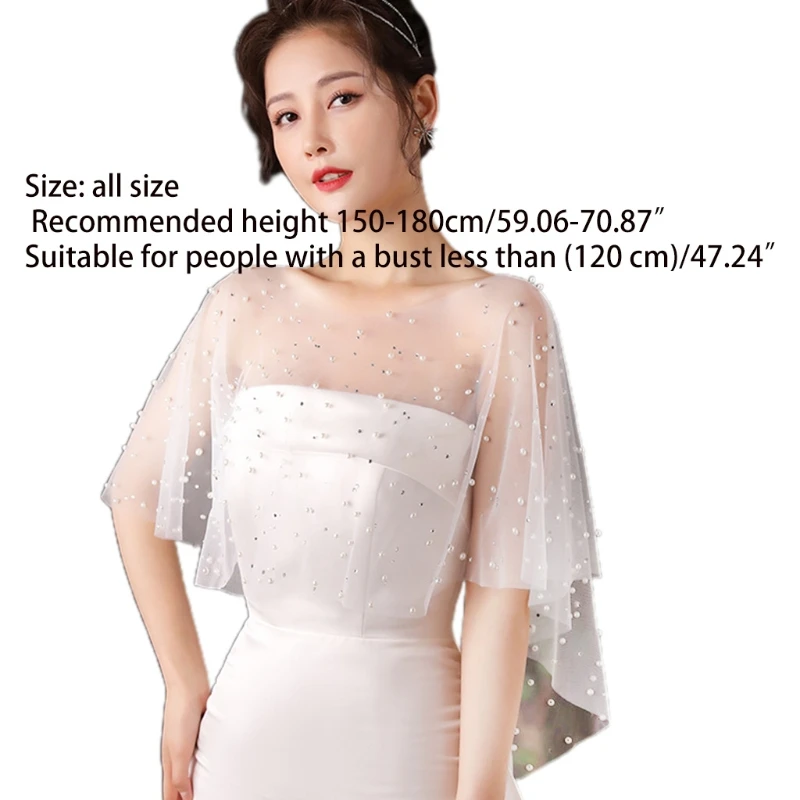 X7YC Women Sheer Tulle Pleated Wedding Shawl Pearl Beads White Capelet Vintage High Low Shrug Wrap Cover Up