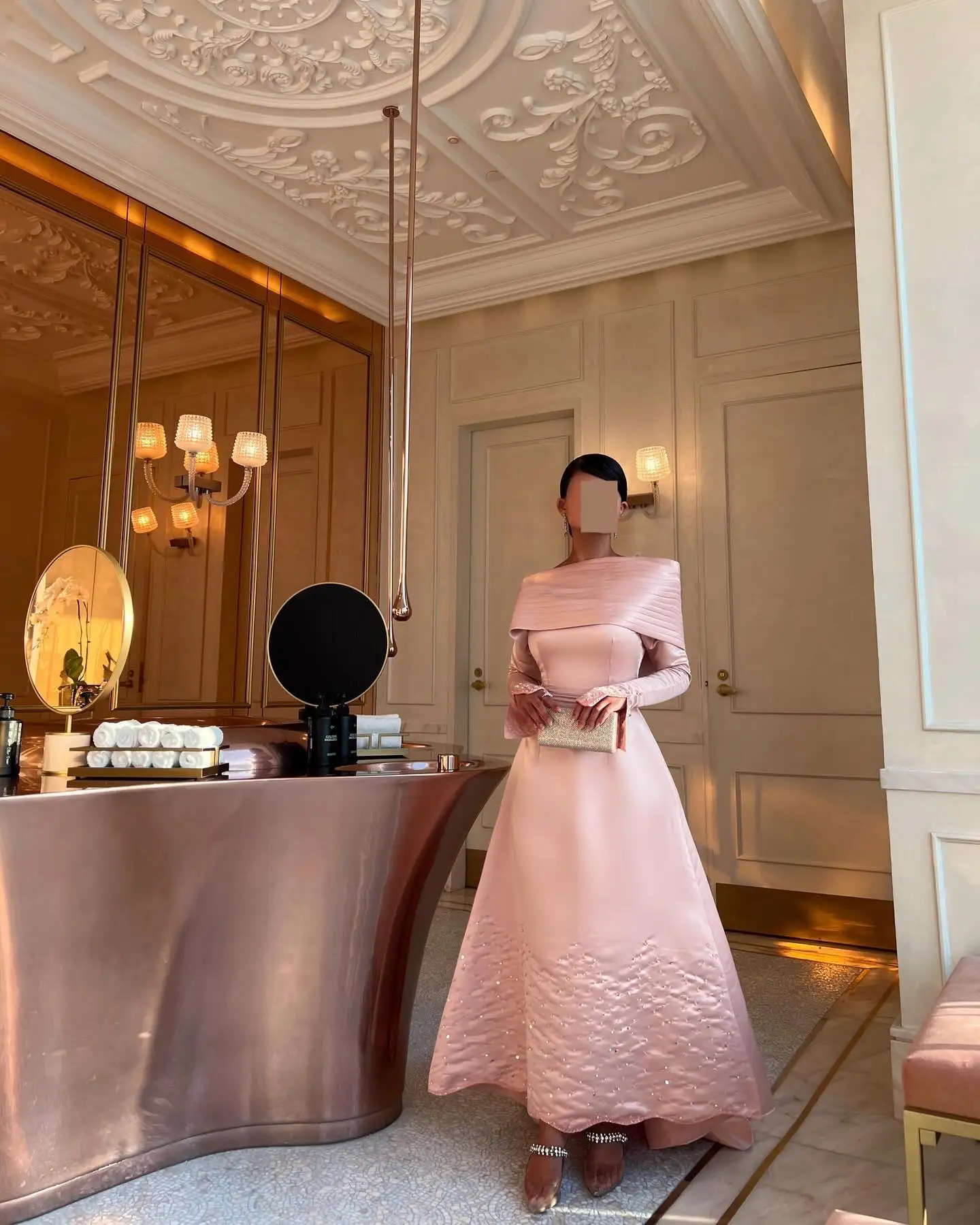 

Customized Graceful Satin A-Line Off the Shoulder Crystal Evening Dress High Quality Long Sleeves Boat Neck Celebrity Gowns