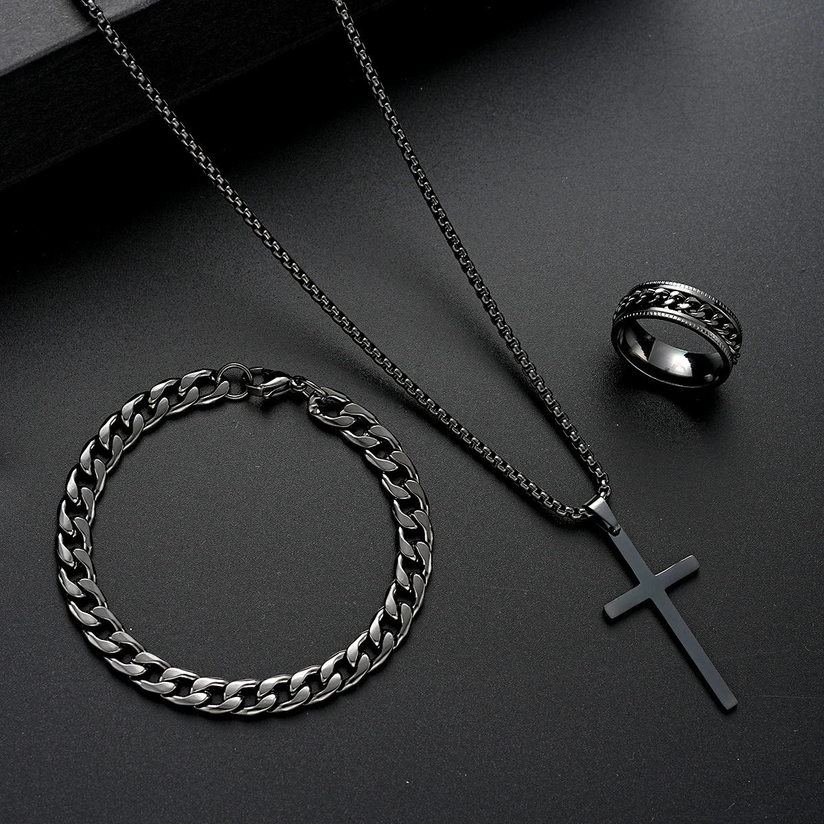 Fashion Punk Black Color Cross Pendant Necklace Bracelet Ring Set for Men Boys Hip Hop Stainless Steel Jewelry Set Party Gifts