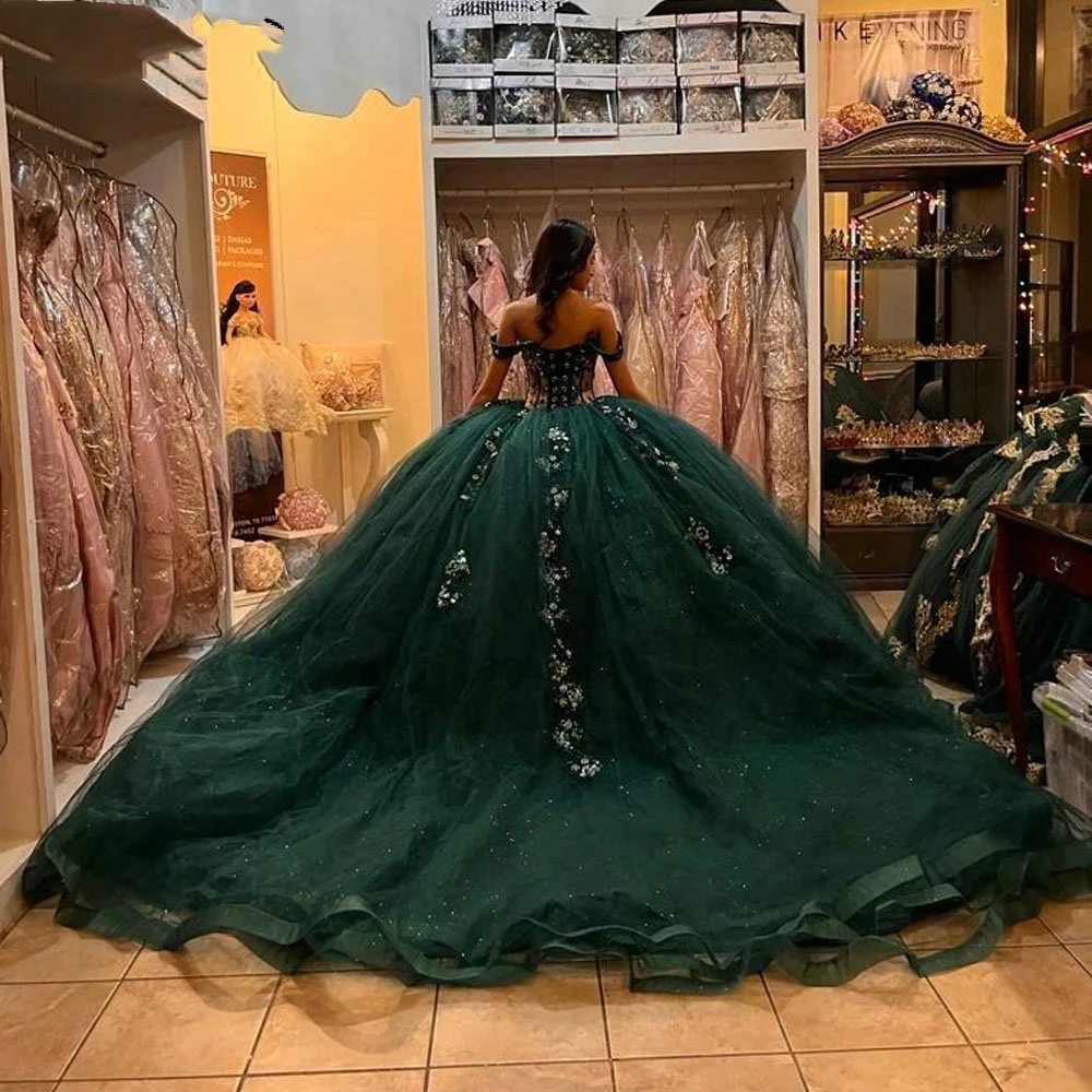 ANGELSBRIDEP Emerald Green Quinceanera Dress Ball Gown Off Shoulder Illusion Sequined Appliques Beading Vestidos De Quinceañera