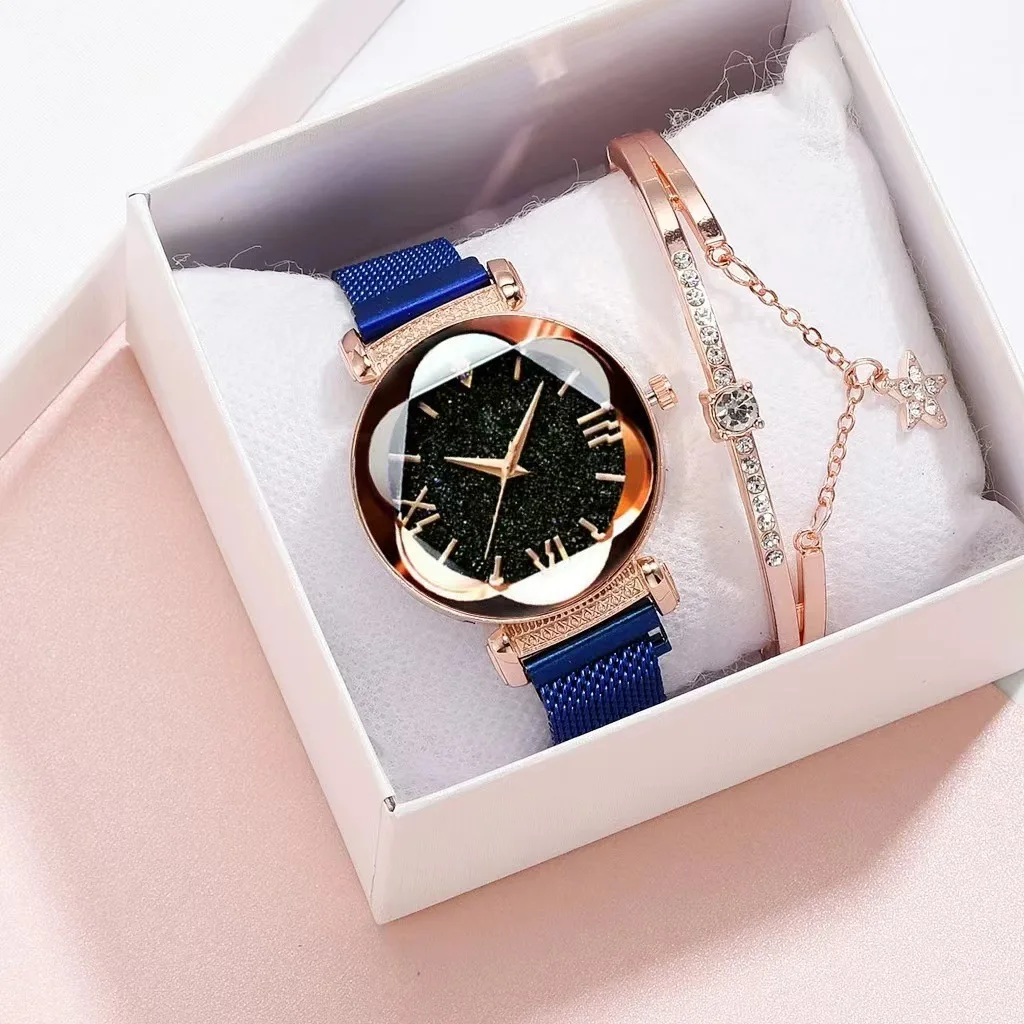 Reloj con imán de hierro de cara romana para mujer, cielo estrellado, Milán con diamantes de imitación, conjunto de pulsera, mesa de regalo