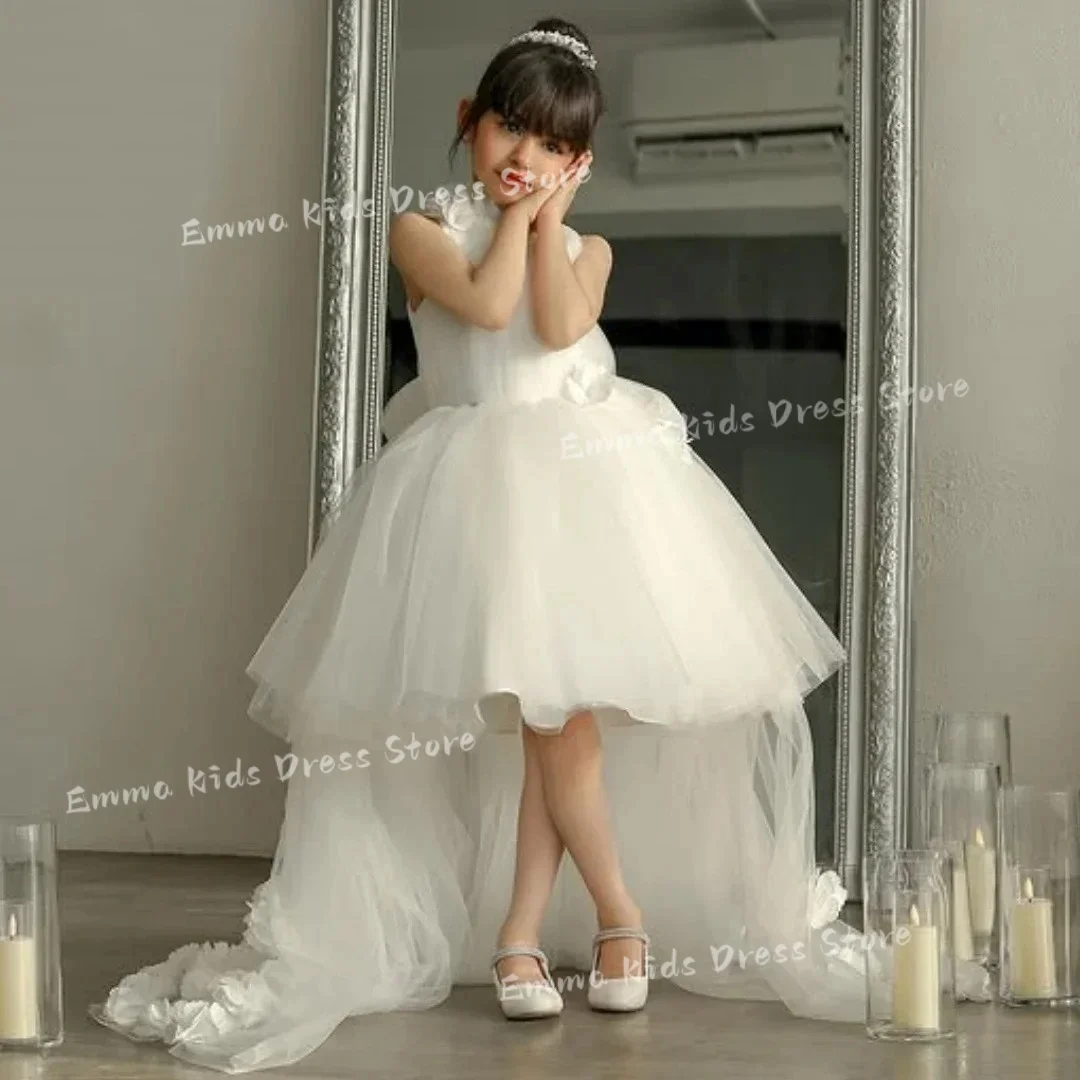 Customized Ivory Flower Girl Dress with High Collar Tulle3D FlowersElegant Gown for Kids Wedding First Communion Formal Occasion