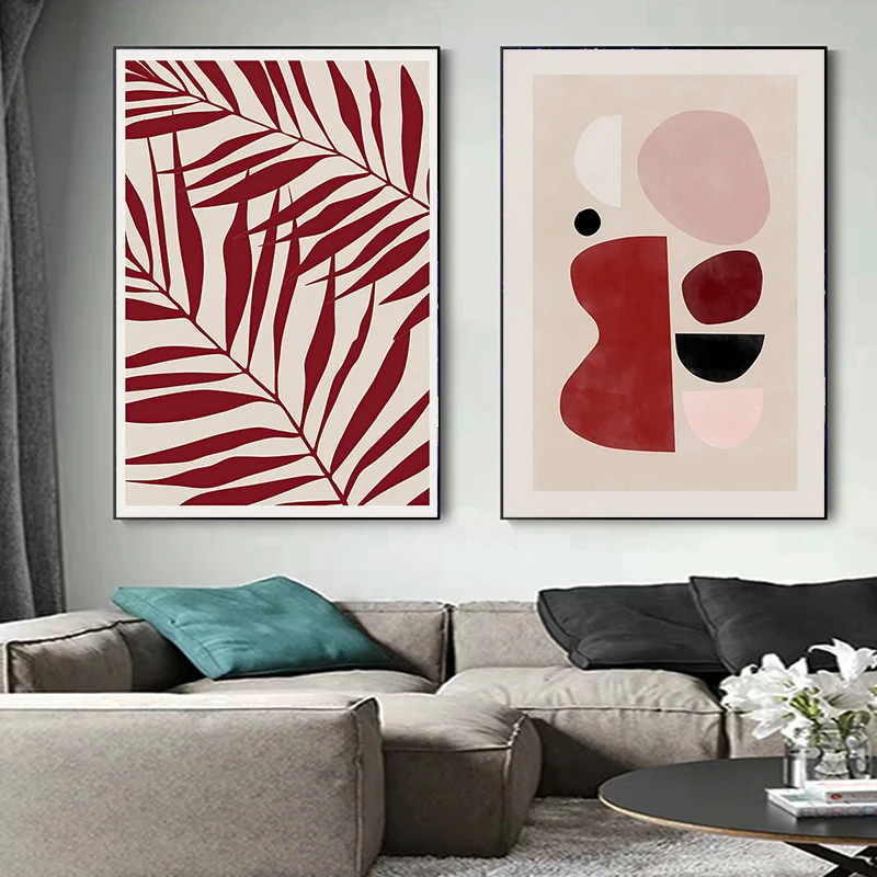 Nordic Abstract Red Leaves Canvas Print Simplicity Art Painting  Sun Landscape Line Drawing Wall Pictures Modern Decor Cuadros